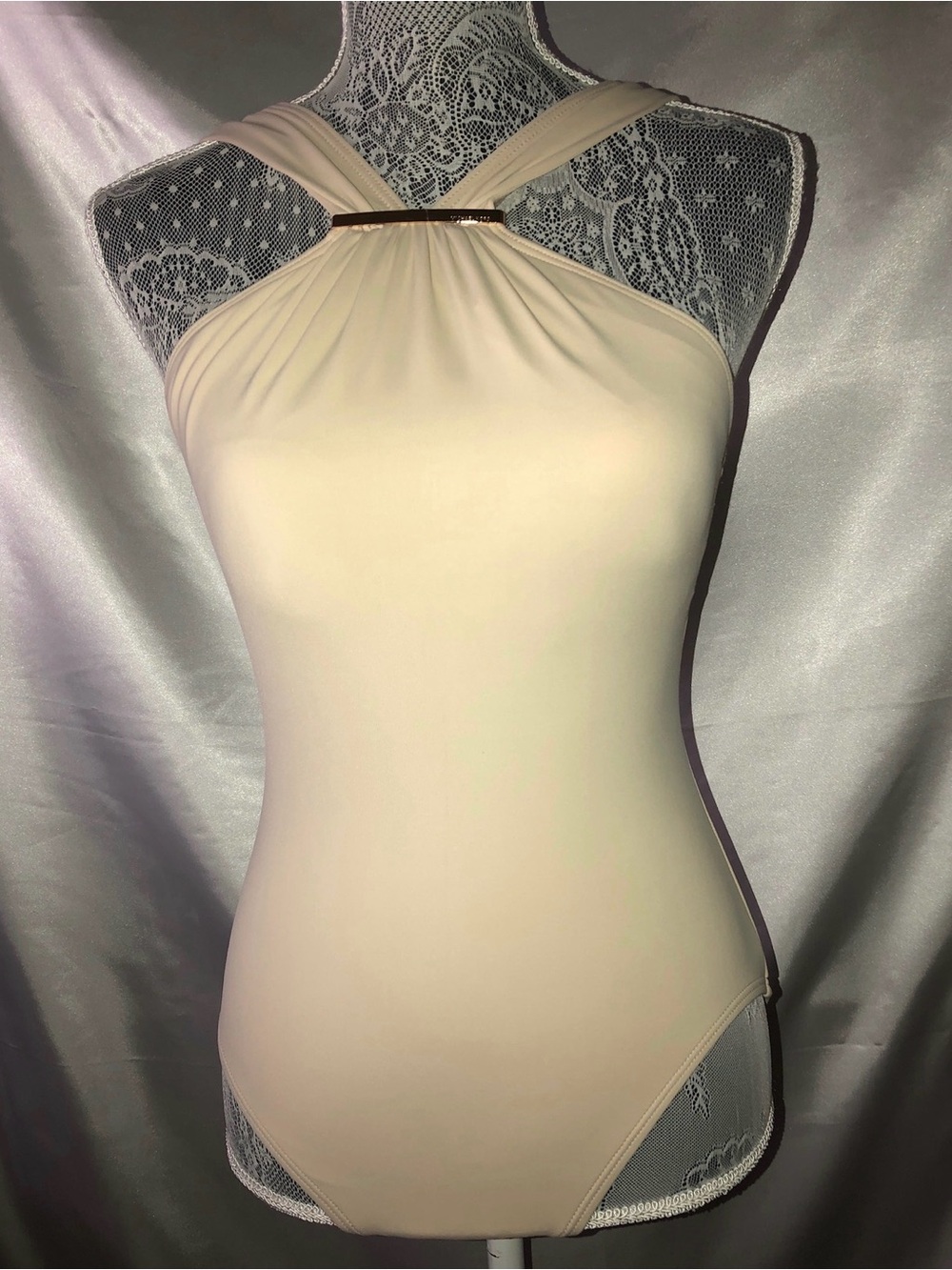 Michael Kors One-Piece Halter Swimsuit with Gold Accent